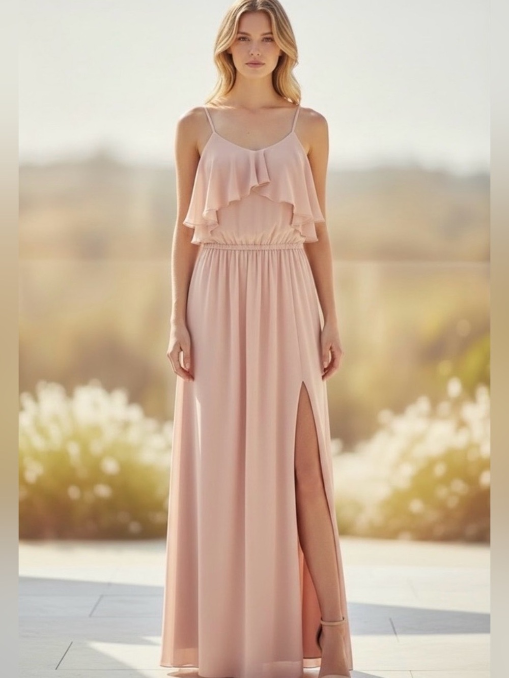 BCBGeneration Blush Pink Ruffle Maxi Dress Size 2